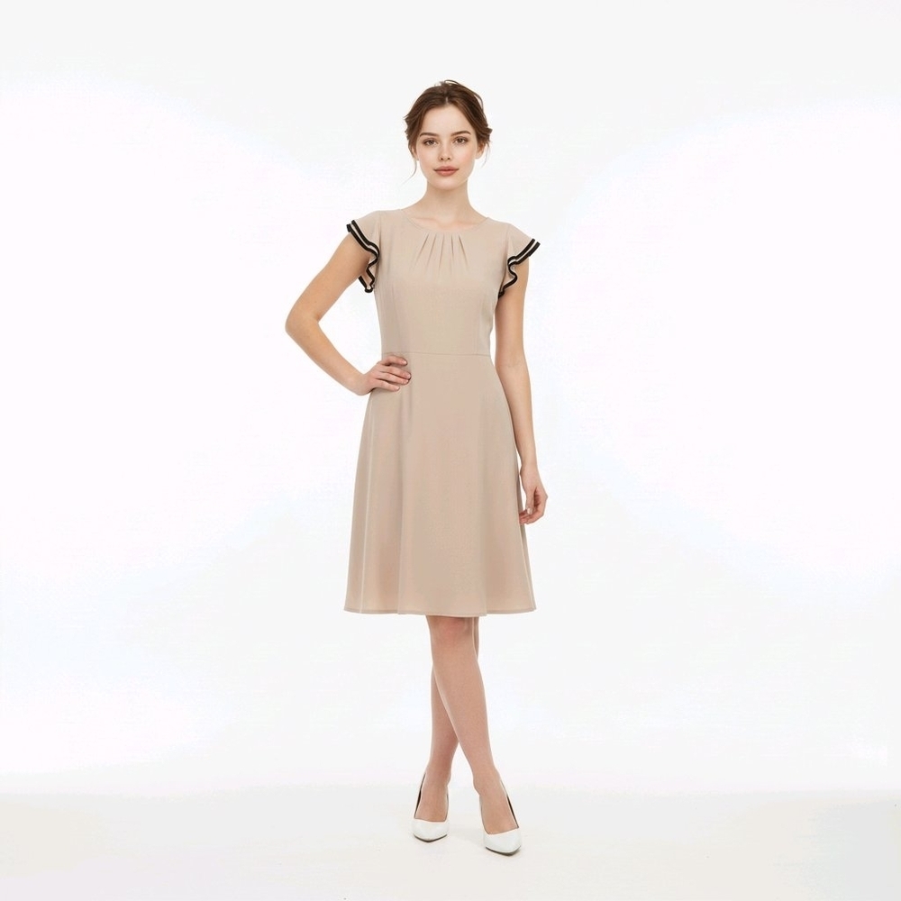 Anthropologie Beige Midi Dress with Flutter Sleeves Women's Size 2